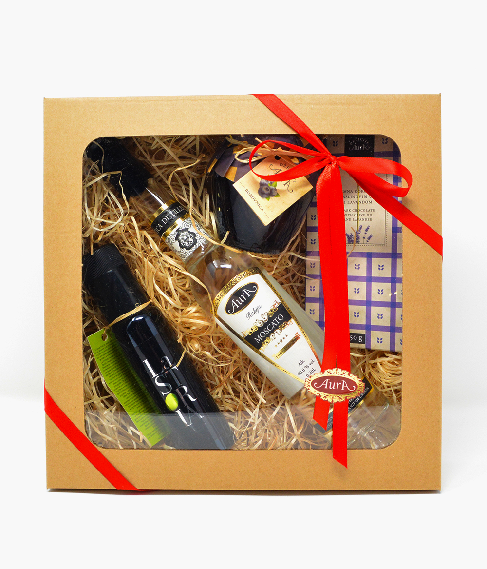 Geschenkset Grappa & Co Geschenkpaket-aura-moscato-rakija-olivenöl-schokolade-konfitüre-marmelade